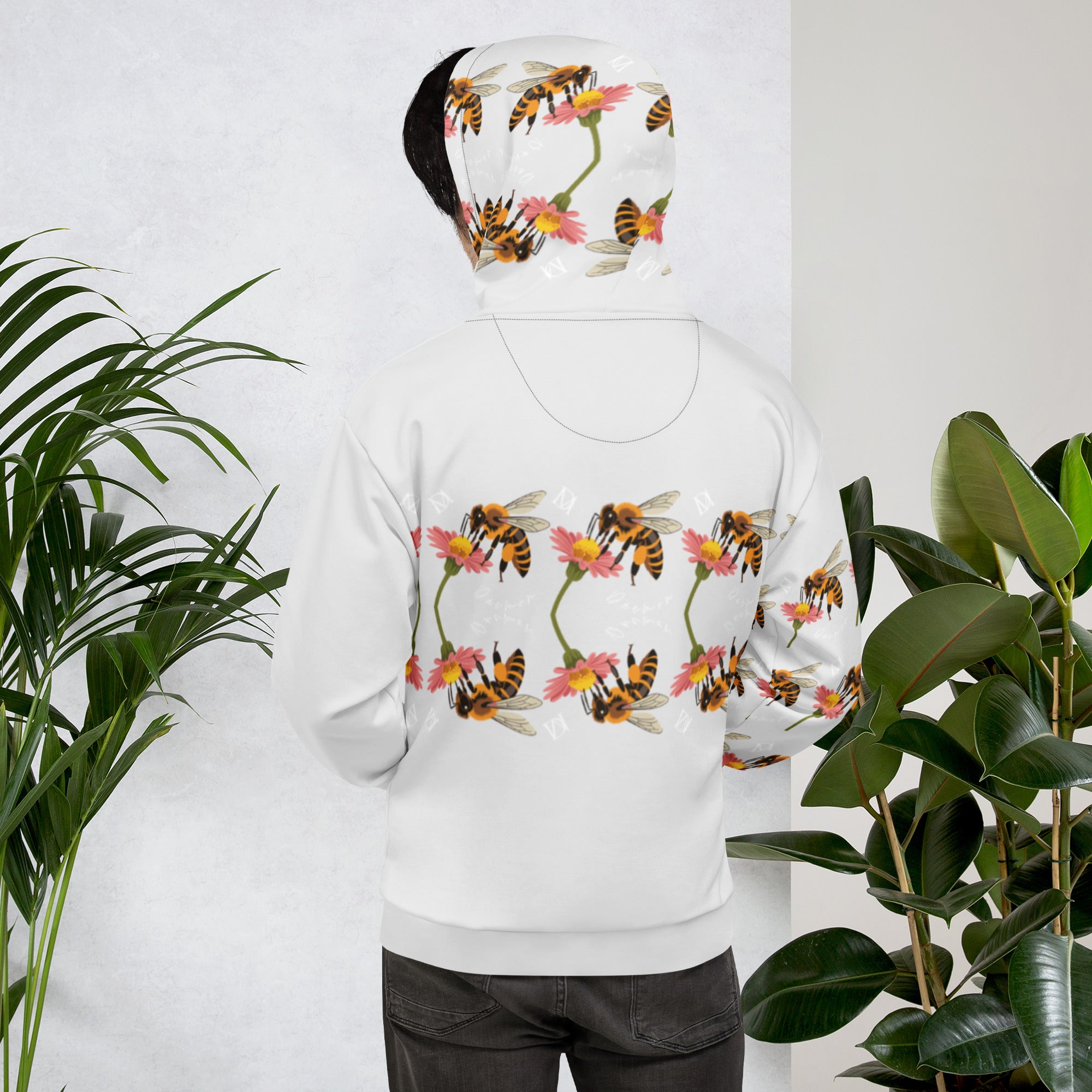Recycled white unisex hoodie with Honeybee Shores sun-themed all-over print by Daemon Luxury, featuring a hood and front pocket.