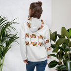 White unisex hoodie from Daemon Luxury with all-over Honeybee Shores Sun Enriched print on the back.