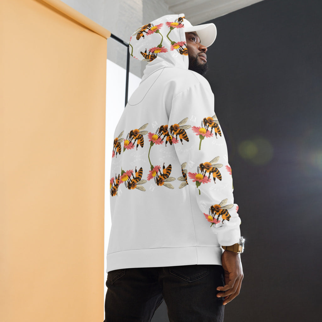 White recycled unisex hoodie with honeybee shores sun enriched all-over print by Daemon Luxury, back view.