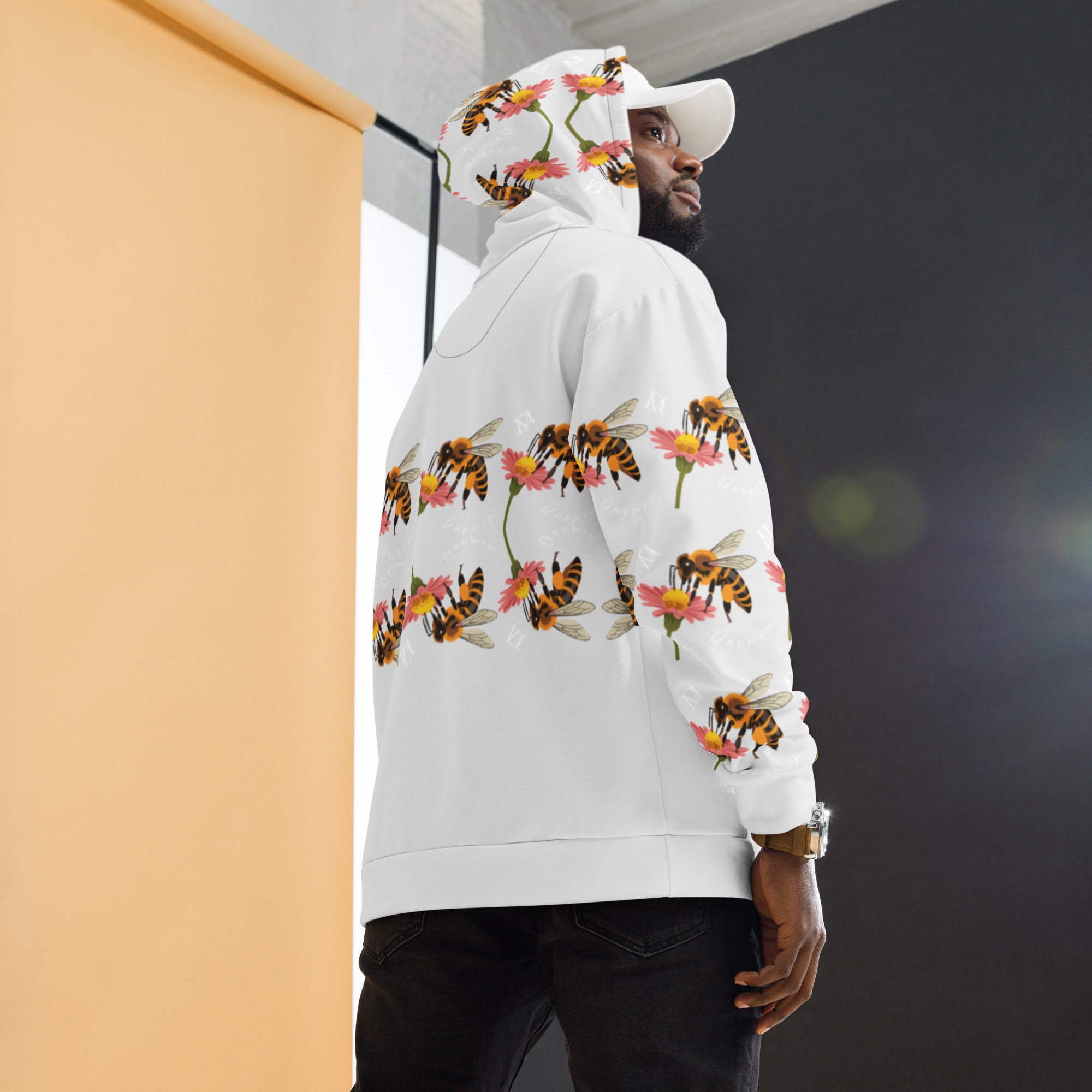 White recycled unisex hoodie with honeybee shores sun enriched all-over print by Daemon Luxury, back view.