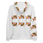 Daemon Luxury Honeybee Shores sun-enriched unisex hoodie with all-over-print in white, featuring a vibrant, nature-inspired design.