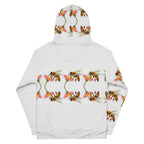 Daemon Luxury Honeybee Shores Sun Enriched unisex recycled hoodie with all-over print, white background and hoodie design.