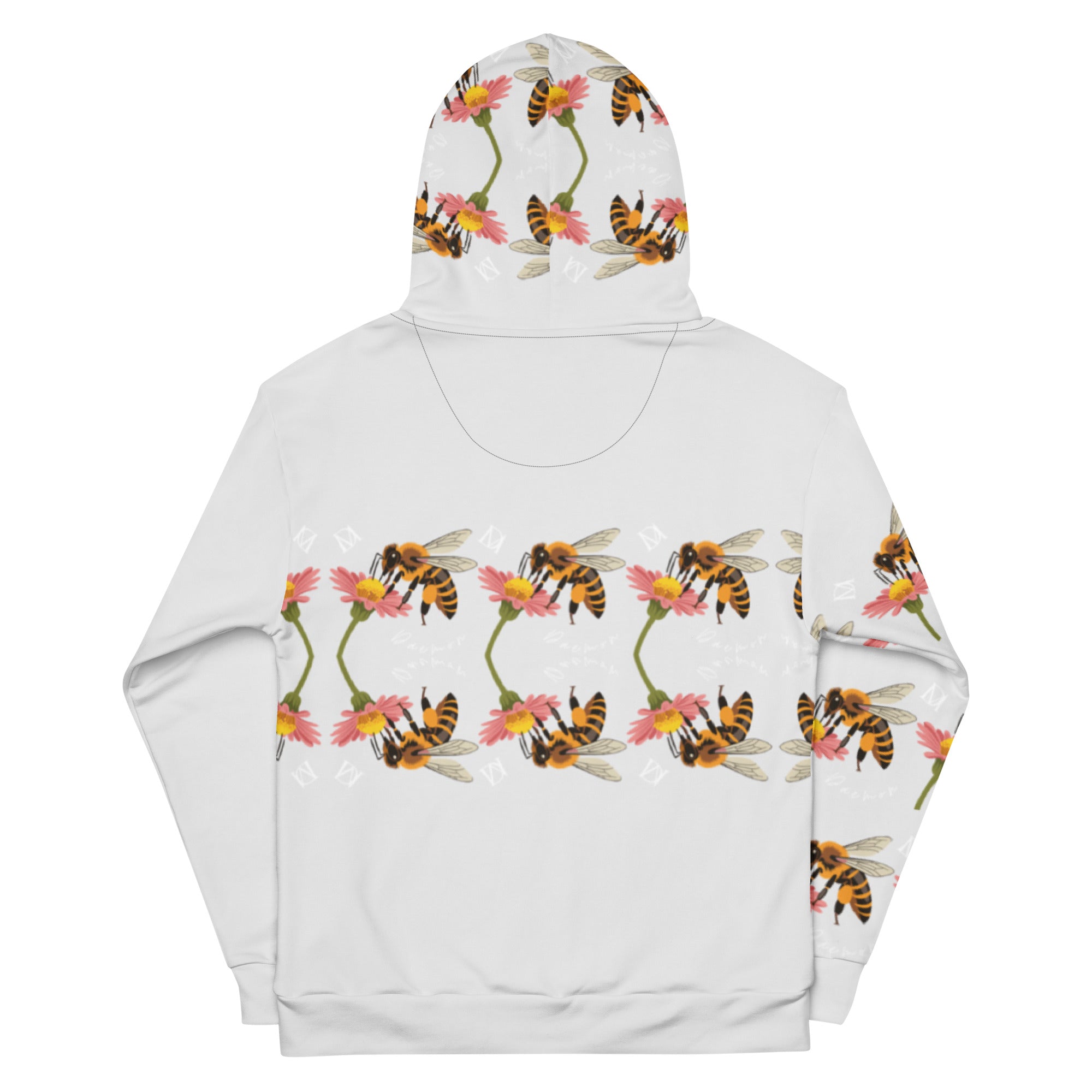 Daemon Luxury Honeybee Shores Sun Enriched unisex recycled hoodie with all-over print, white background and hoodie design.