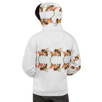 Unisex white hoodie with all-over Honeybee Shores sun-enriched print by Daemon Luxury, featuring a front pocket and hood.