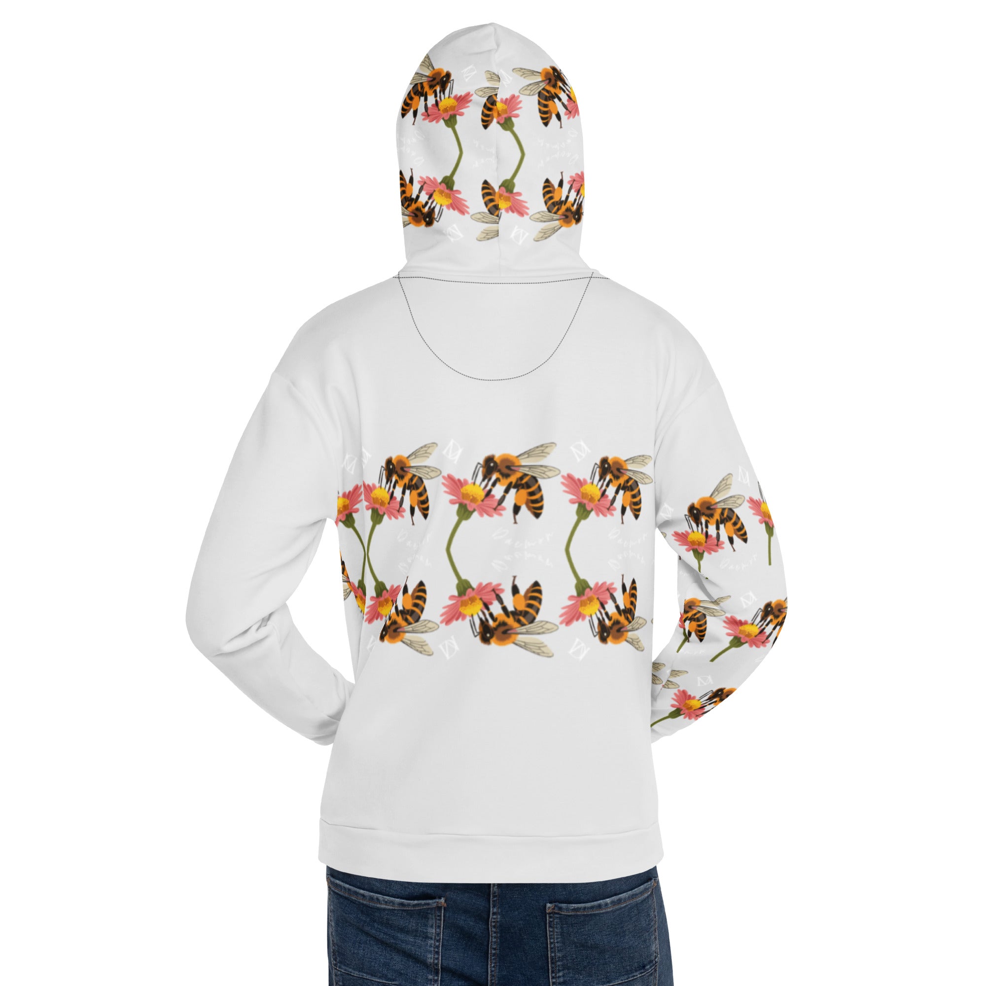 Daemon Luxury Honeybee Shores Sun Enriched unisex hoodie with all-over print on white recycled fabric, back view.