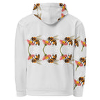 Recycled white unisex hoodie with honeybee shores sun-enriched all-over print from Daemon Luxury, back view.
