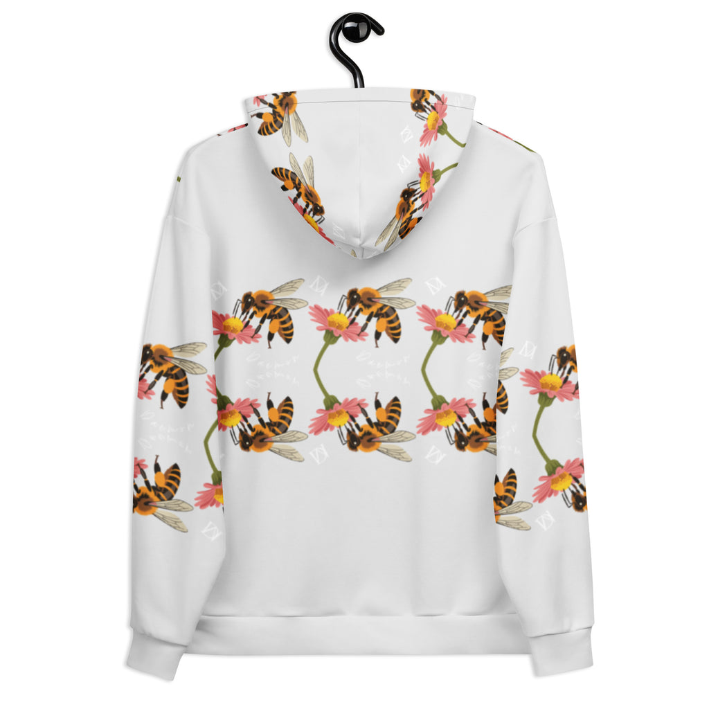 Unisex white hoodie with all-over recycled print featuring honeybee and dusk design, by Daemon Luxury.