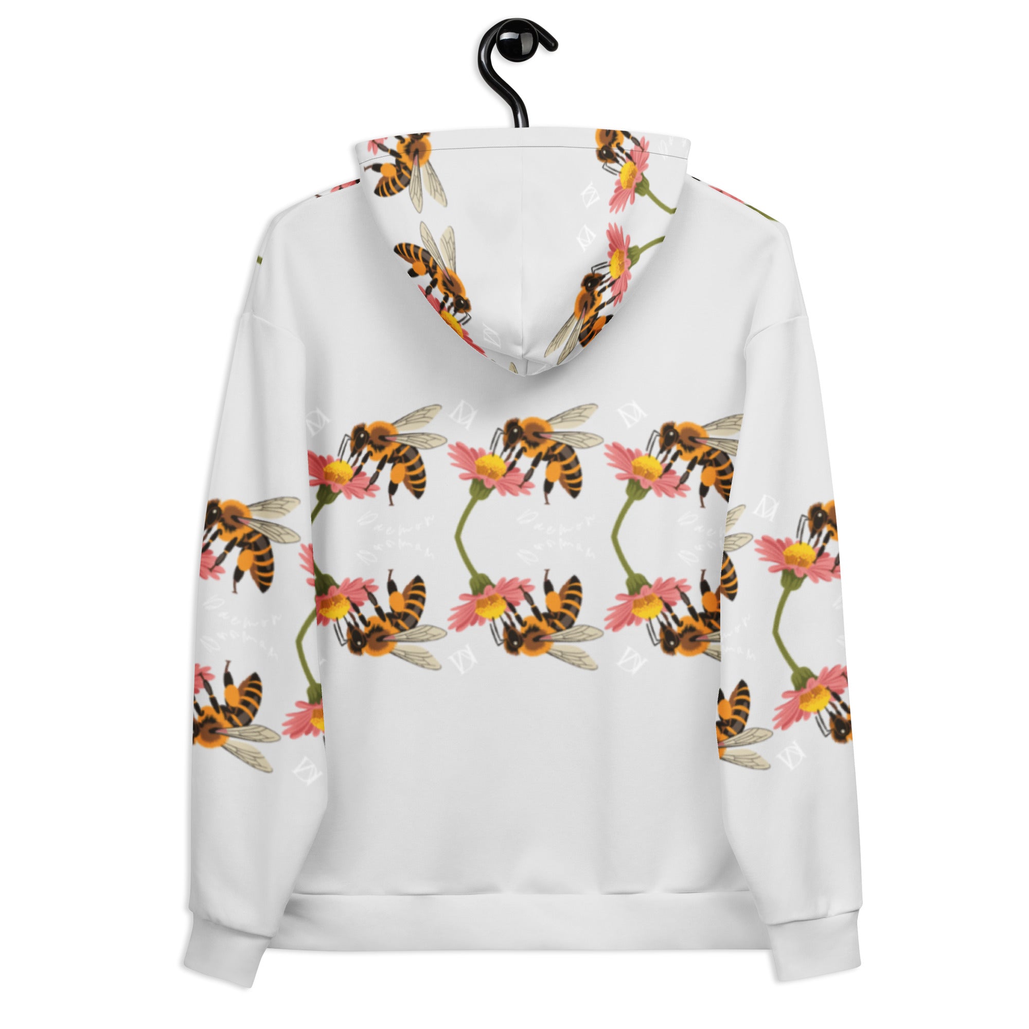 Unisex white hoodie with all-over recycled print featuring honeybee and dusk design, by Daemon Luxury.