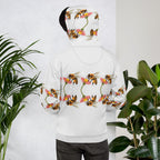 Recycled white unisex hoodie with all-over honeybee shores ribbed dusk print by Daemon Luxury, featuring a hood and back design.
