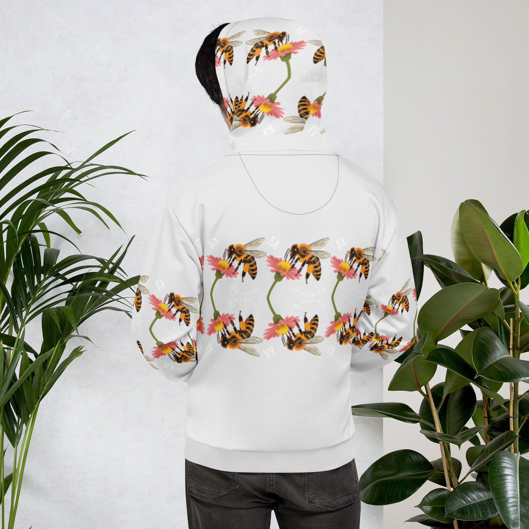 Recycled white unisex hoodie with all-over honeybee shores ribbed dusk print by Daemon Luxury, featuring a hood and back design.