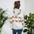 Recycled white unisex hoodie with all-over honeybee shores dusk print by Daemon Luxury, featuring a ribbed design and hood.