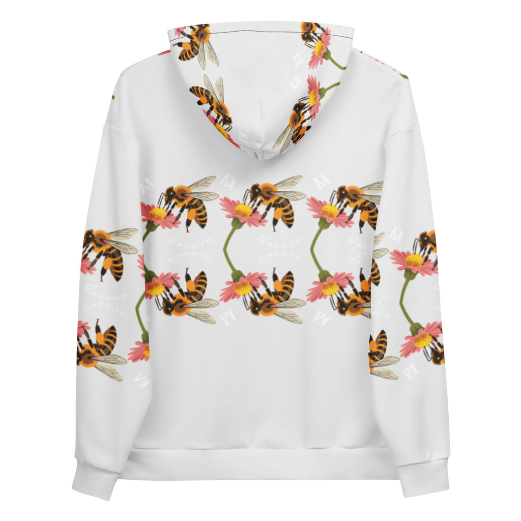 Recycled white unisex hoodie with all-over Honeybee Shores (Ribbed Dusk) print by Daemon Luxury, featuring a hood and casual fit.