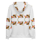 Recycled white unisex hoodie with all-over Honeybee Shores (Ribbed Dusk) print by Daemon Luxury, featuring a hood and casual fit.