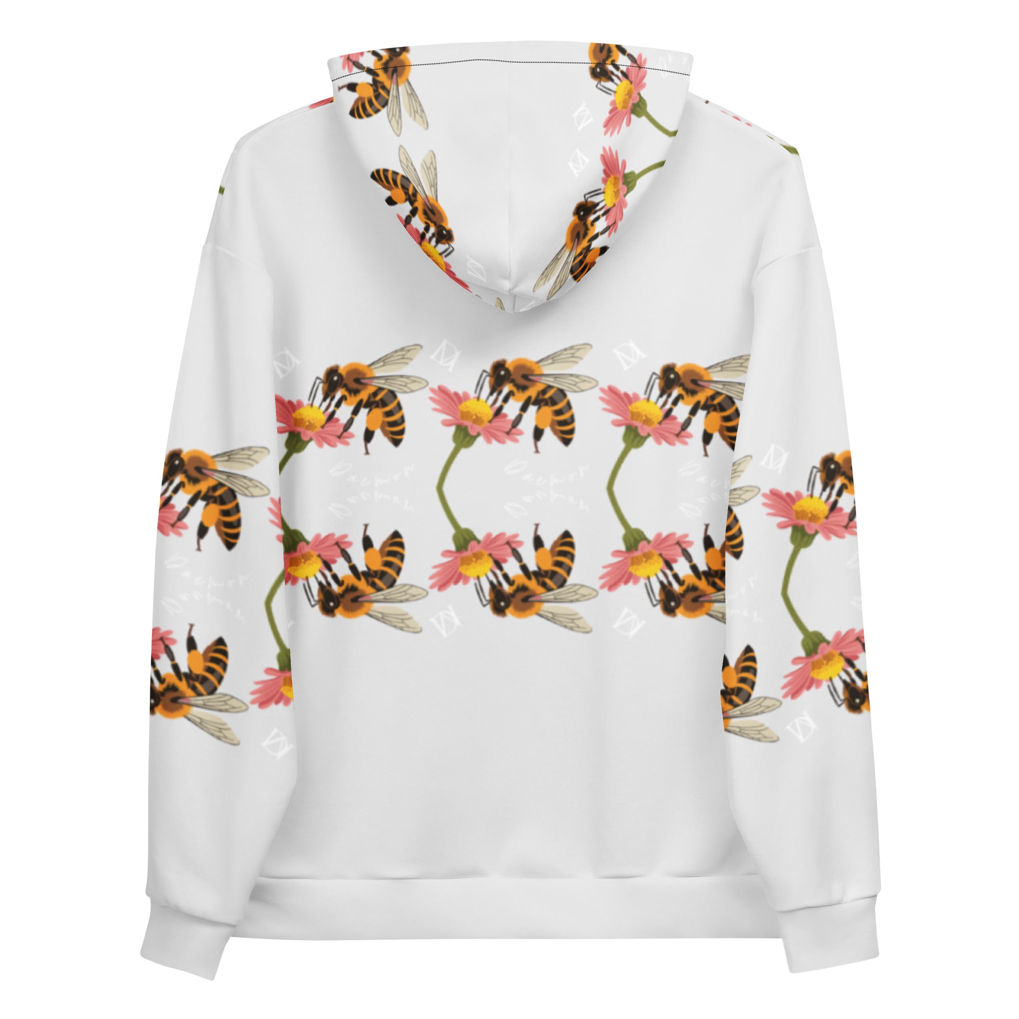 Recycled white unisex hoodie with all-over Honeybee Shores (Ribbed Dusk) print by Daemon Luxury, featuring a hood and casual fit.