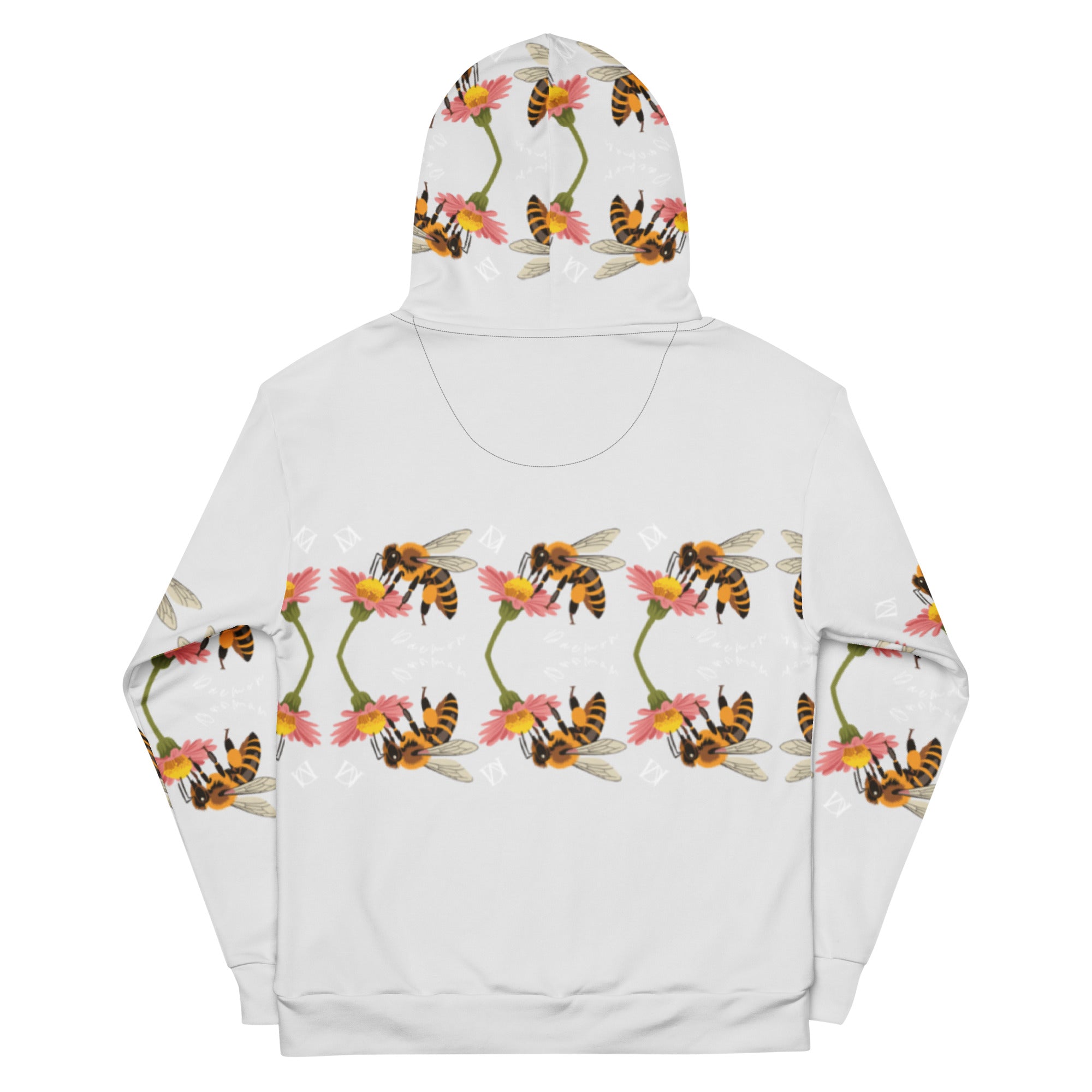 Recycled white unisex hoodie with all-over Honeybee Shores (Ribbed Dusk) print by Daemon Luxury, featuring a hood and casual fit.