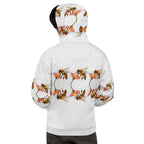 Daemon Luxury Honeybee Shores Ribbed Dusk unisex hoodie with all-over white recycled print, featuring a hooded design and bold pattern.