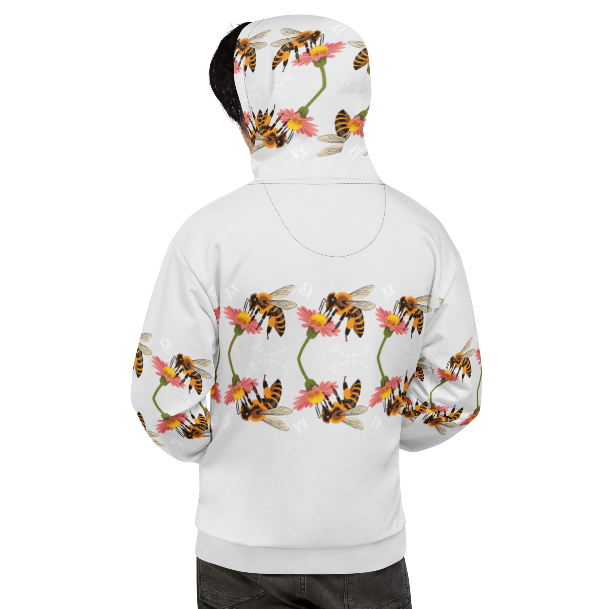 Daemon Luxury Honeybee Shores Ribbed Dusk unisex hoodie with all-over white recycled print, featuring a hooded design and bold pattern.