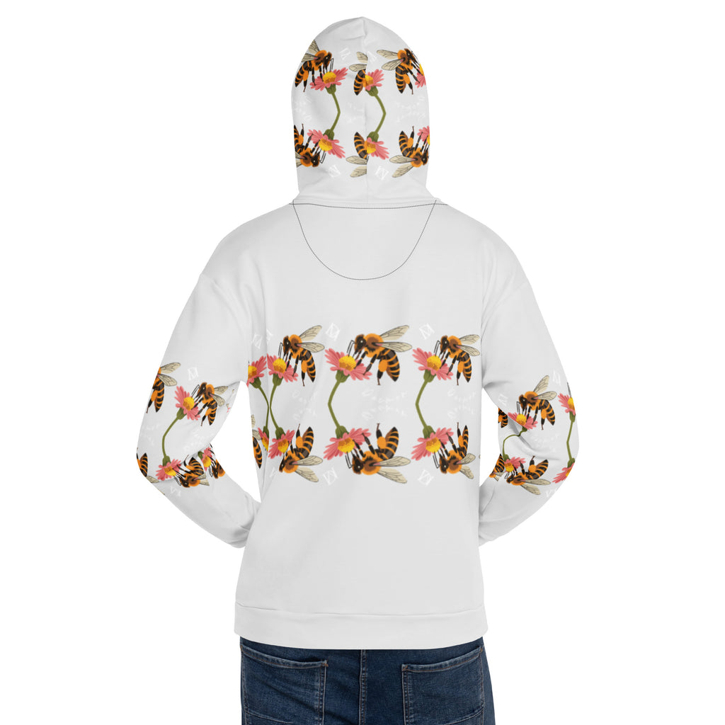 Unisex white recycled hoodie with all-over Honeybee Shores Ribbed Dusk print, featuring a hood and casual fit by Daemon Luxury.
