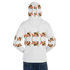 Unisex white recycled hoodie with all-over Honeybee Shores Ribbed Dusk print, featuring a hood and casual fit by Daemon Luxury.