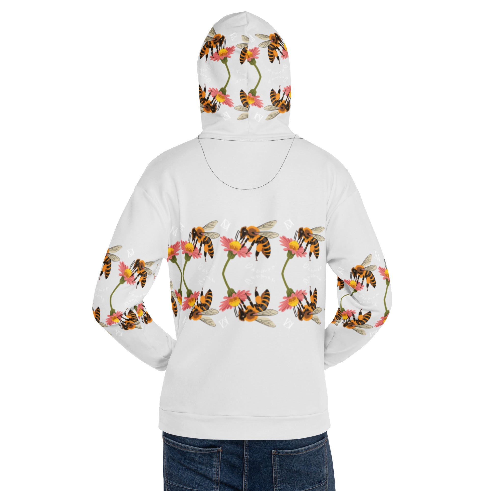 Unisex white recycled hoodie with all-over Honeybee Shores Ribbed Dusk print, featuring a hood and casual fit by Daemon Luxury.