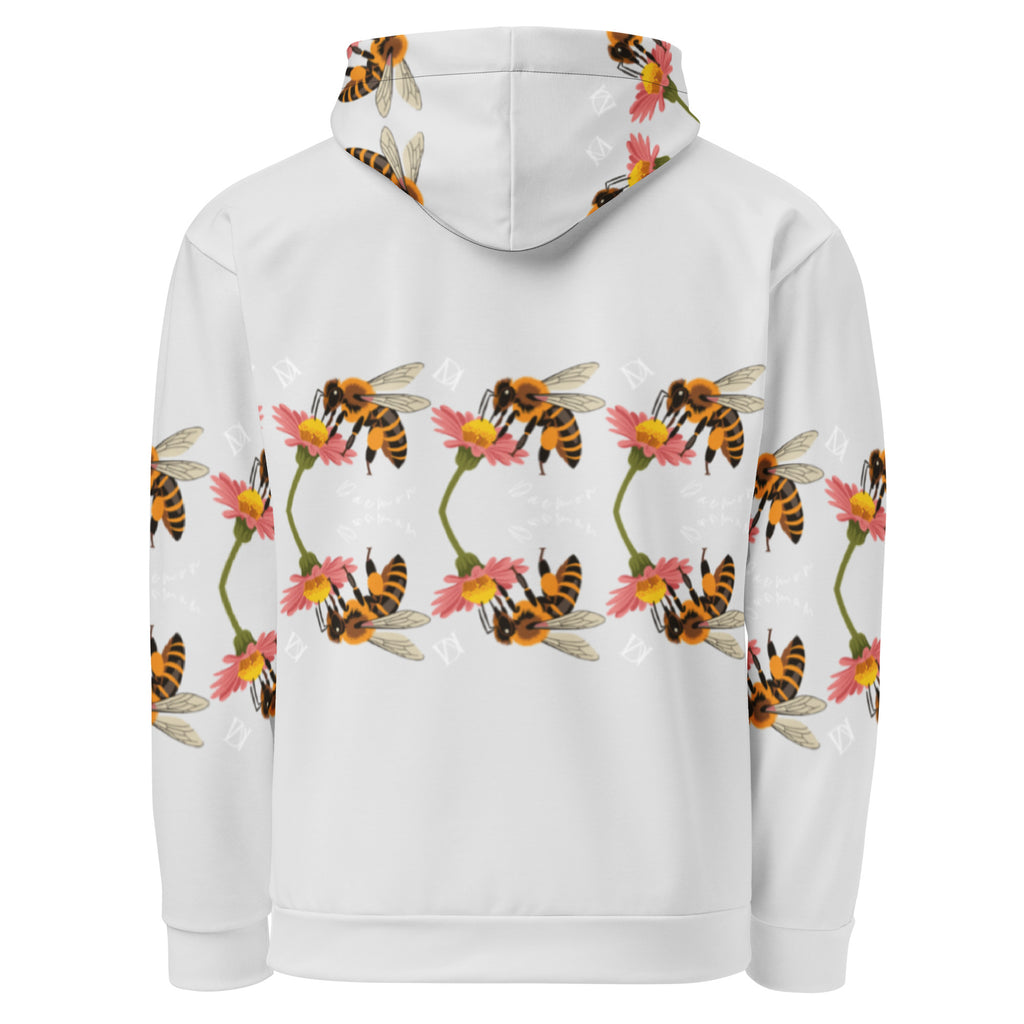 Recycled white hooded sweatshirt from Daemon Luxury's Honeybee Shores Ribbed Dusk collection, featuring all-over print design.