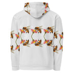Recycled white hooded sweatshirt from Daemon Luxury's Honeybee Shores Ribbed Dusk collection, featuring all-over print design.