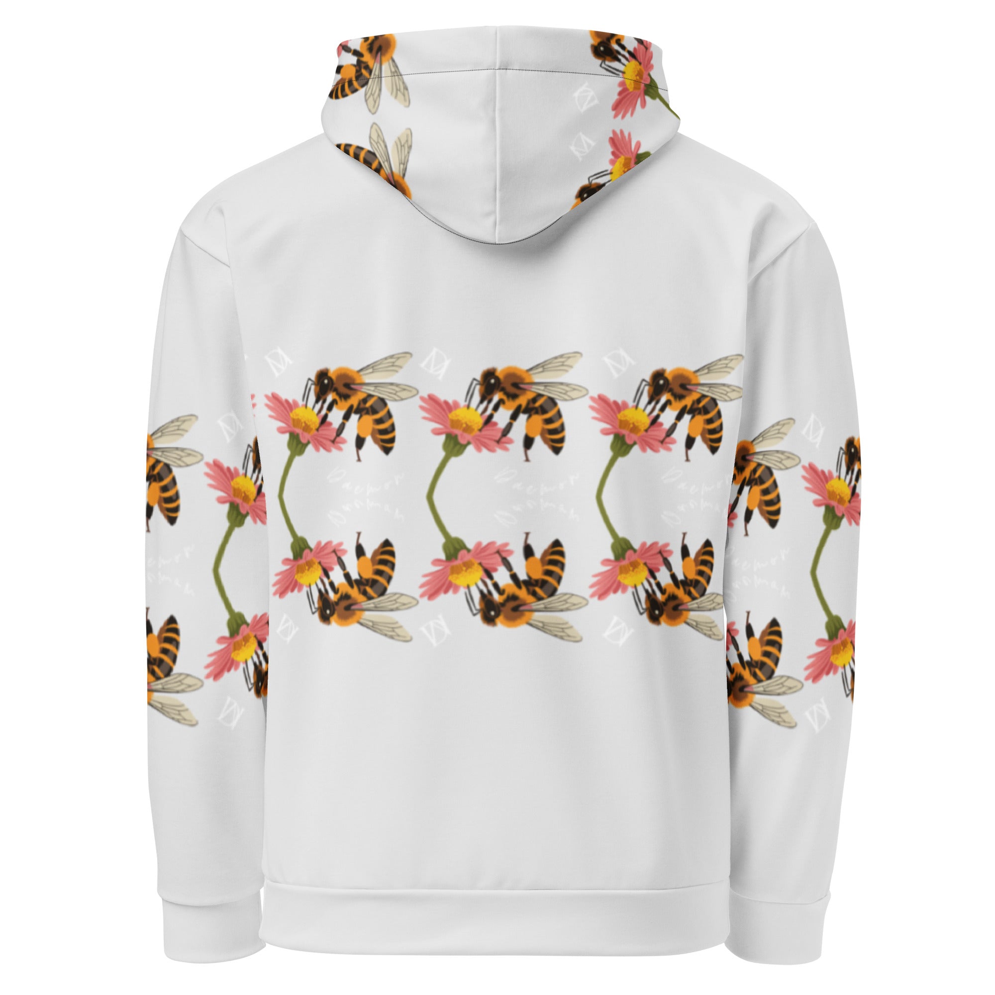 Recycled white hooded sweatshirt from Daemon Luxury's Honeybee Shores Ribbed Dusk collection, featuring all-over print design.