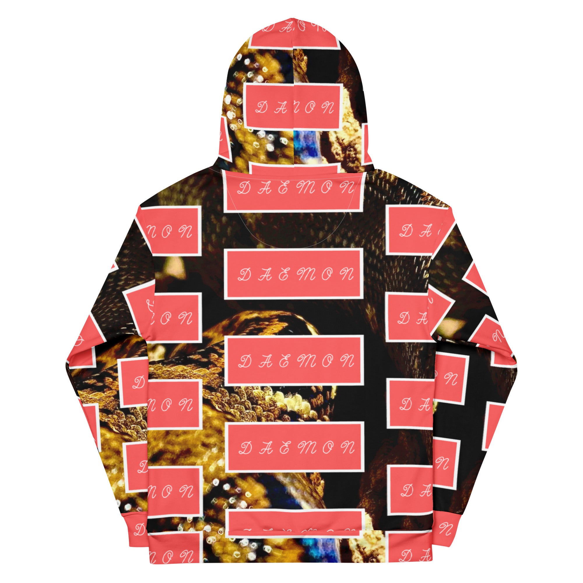 Recycled white unisex hoodie with all-over serpentine Nicaragua print and hood, by Daemon Luxury.