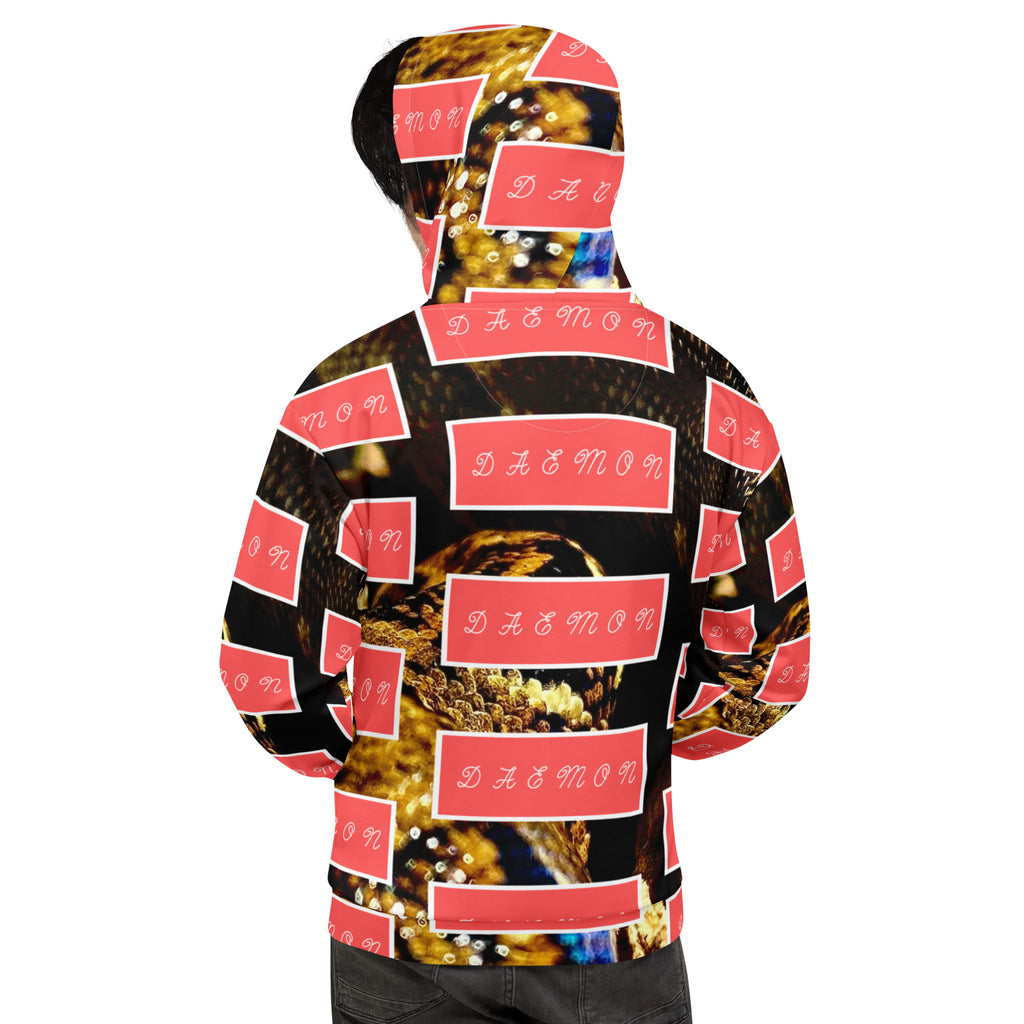 Recycled white unisex hoodie featuring all-over serpent and Nicaragua print by Daemon Luxury, with a hood and casual fit.