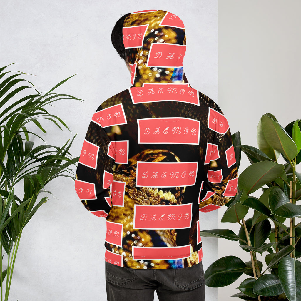 Recycled white unisex hoodie with all-over serpentine Nicaragua print by Daemon Luxury, showing back view.