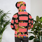 Recycled white unisex hoodie with all-over serpentine Nicaragua print by Daemon Luxury, showing back view.
