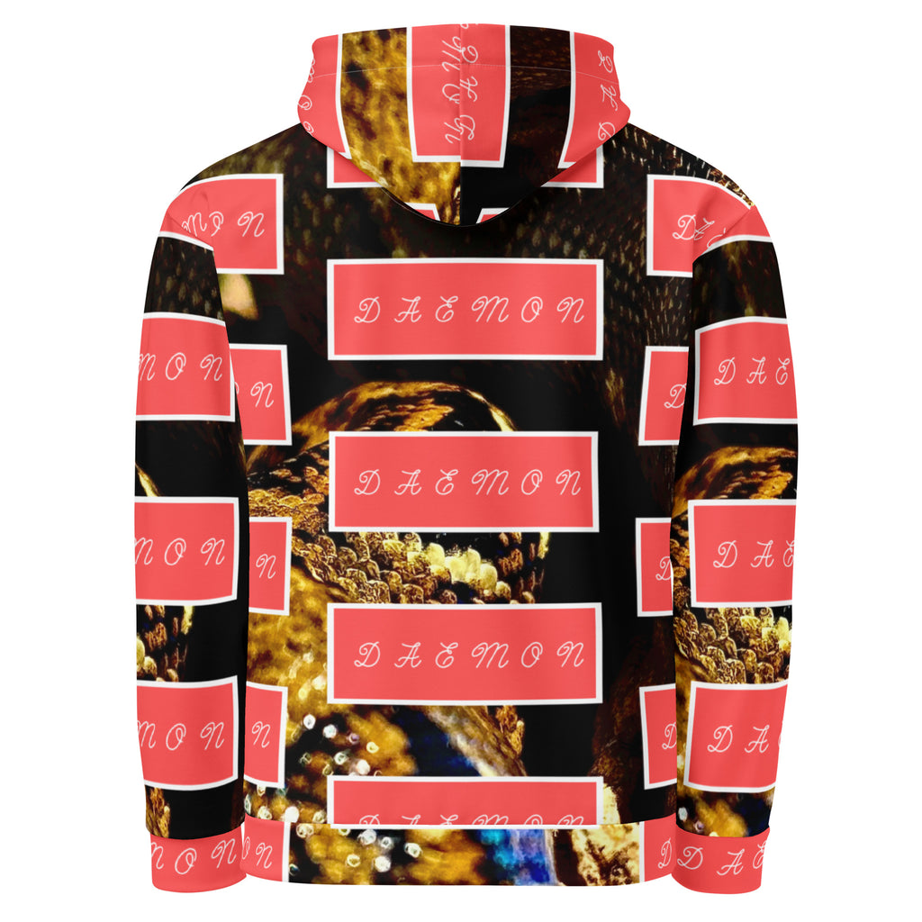 Recycled white unisex hoodie with all-over serpentine Nicaragua print and a hood, by Daemon Luxury.