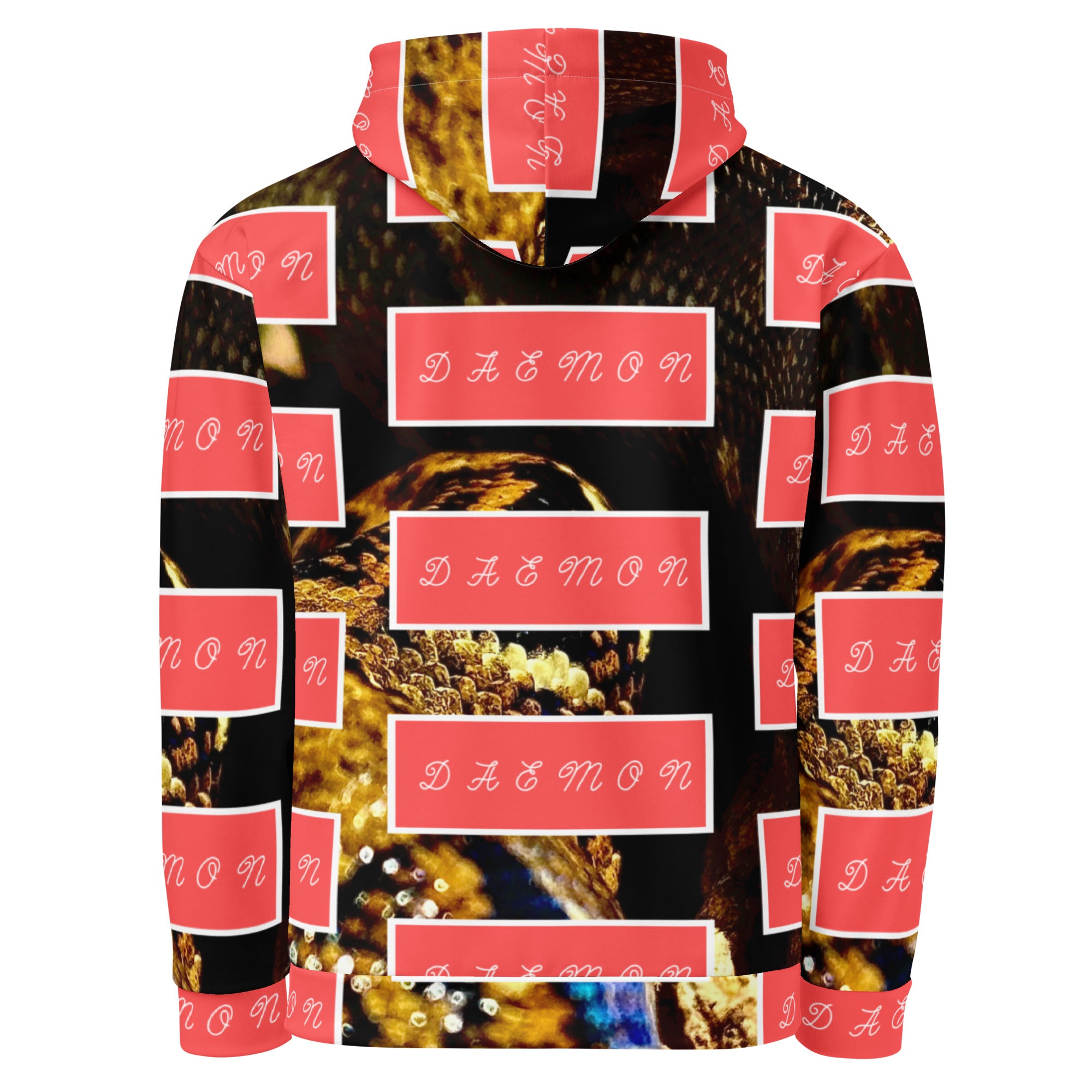 Recycled white unisex hoodie with all-over serpentine Nicaragua print and a hood, by Daemon Luxury.