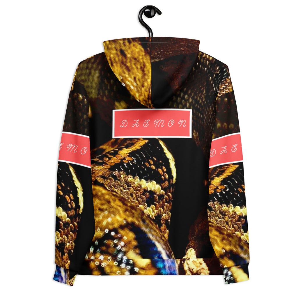 Recycled white unisex hoodie with all-over serpentine Nicaragua print and hood, by Daemon Luxury.