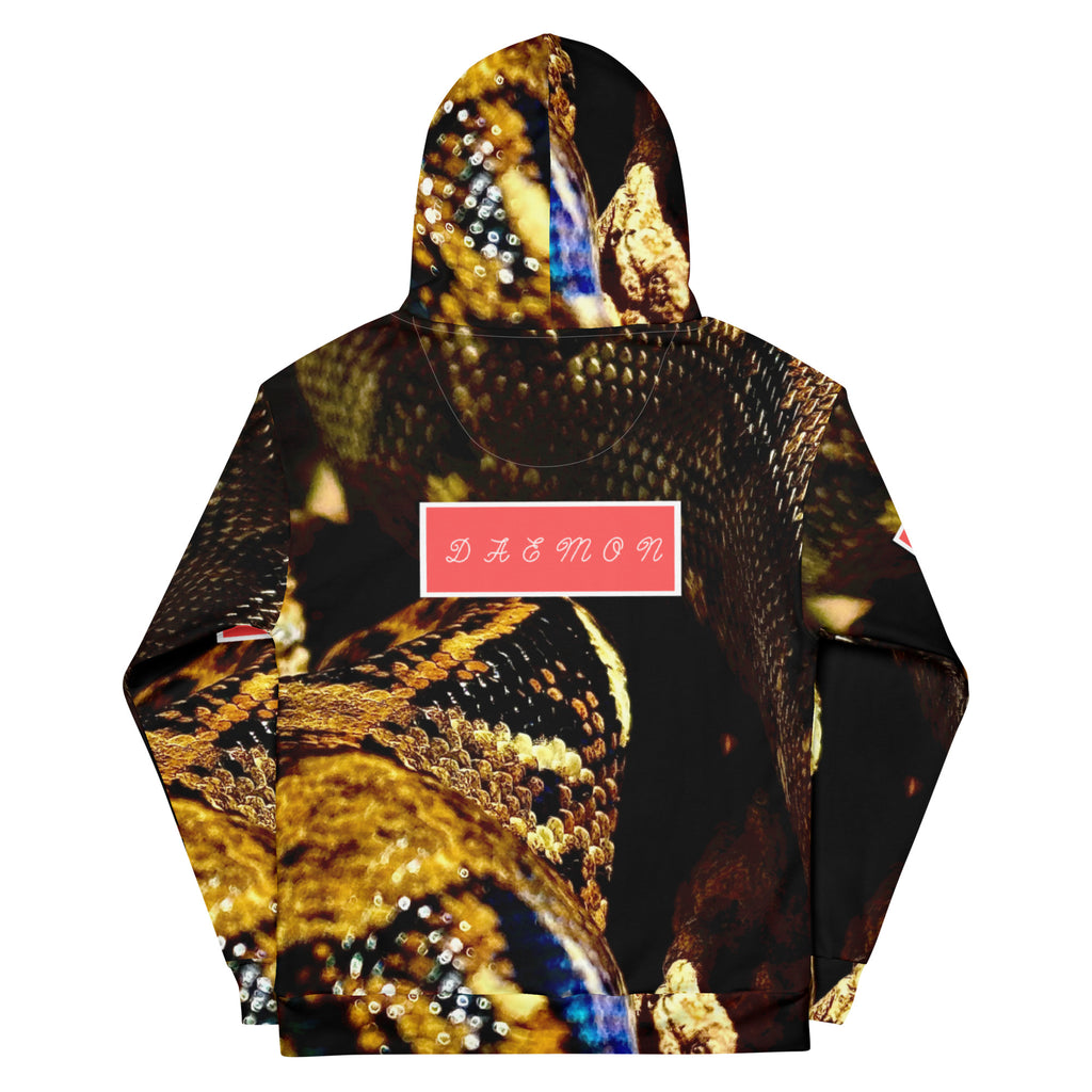Recycled white unisex hoodie with all-over serpentine Nicaragua print, featuring a hood and casual fit from Daemon Luxury.