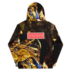 Recycled white unisex hoodie with all-over serpentine Nicaragua print, featuring a hood and casual fit from Daemon Luxury.