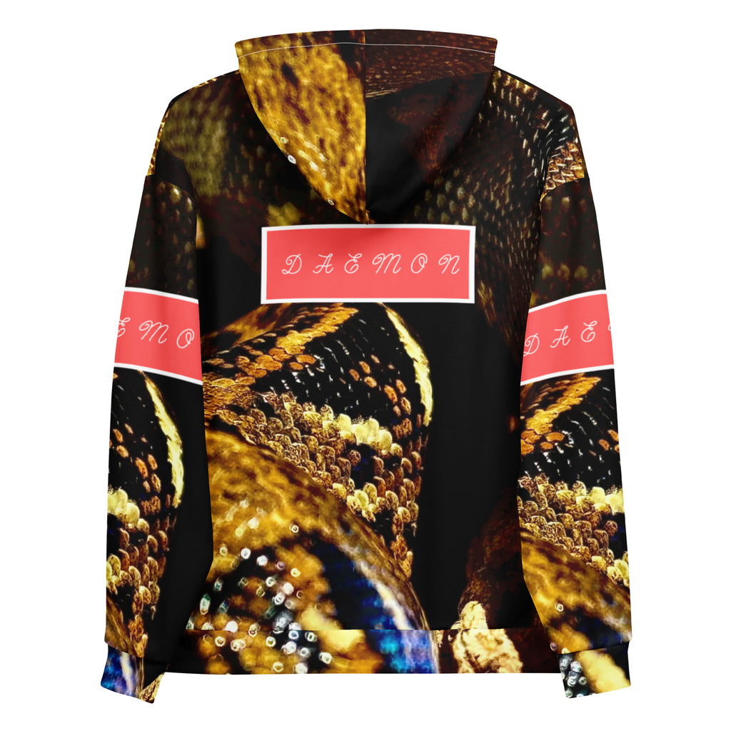 Daemon Luxury Serpentine Nicaragua .3 unisex hoodie with all-over white print and recycled fabric, featuring a stylish hood design.