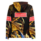 Daemon Luxury Serpentine Nicaragua .3 unisex hoodie with all-over white print and recycled fabric, featuring a stylish hood design.