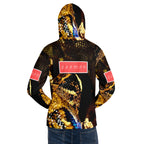 Recycled white unisex hoodie featuring all-over serpent and Nicaragua-themed print by Daemon Luxury.