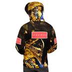 Recycled white unisex hoodie with all-over serpentine Nicaragua print by Daemon Luxury, showing the back view of the hoodie.
