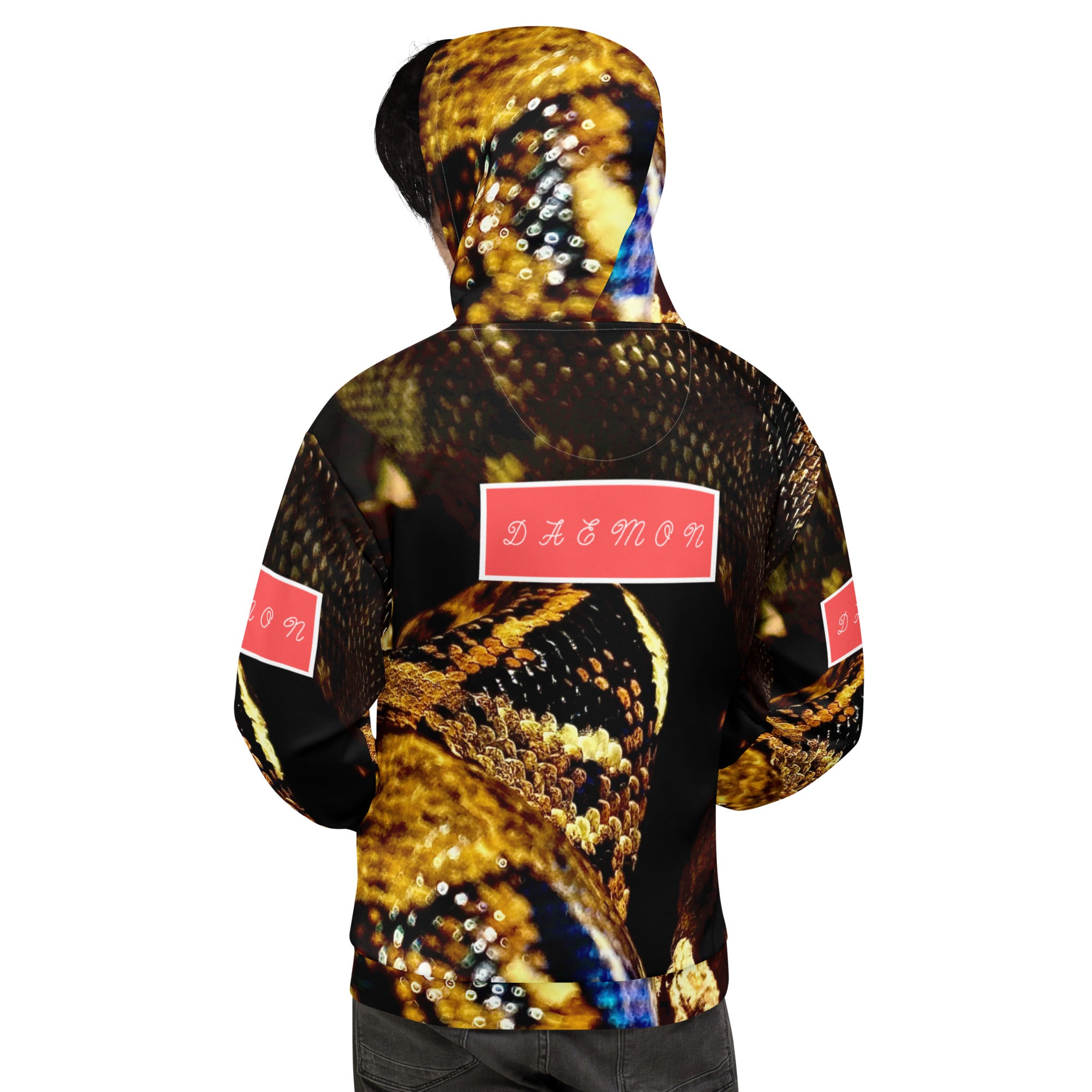 Recycled white unisex hoodie with all-over serpentine Nicaragua print by Daemon Luxury, showing the back view of the hoodie.