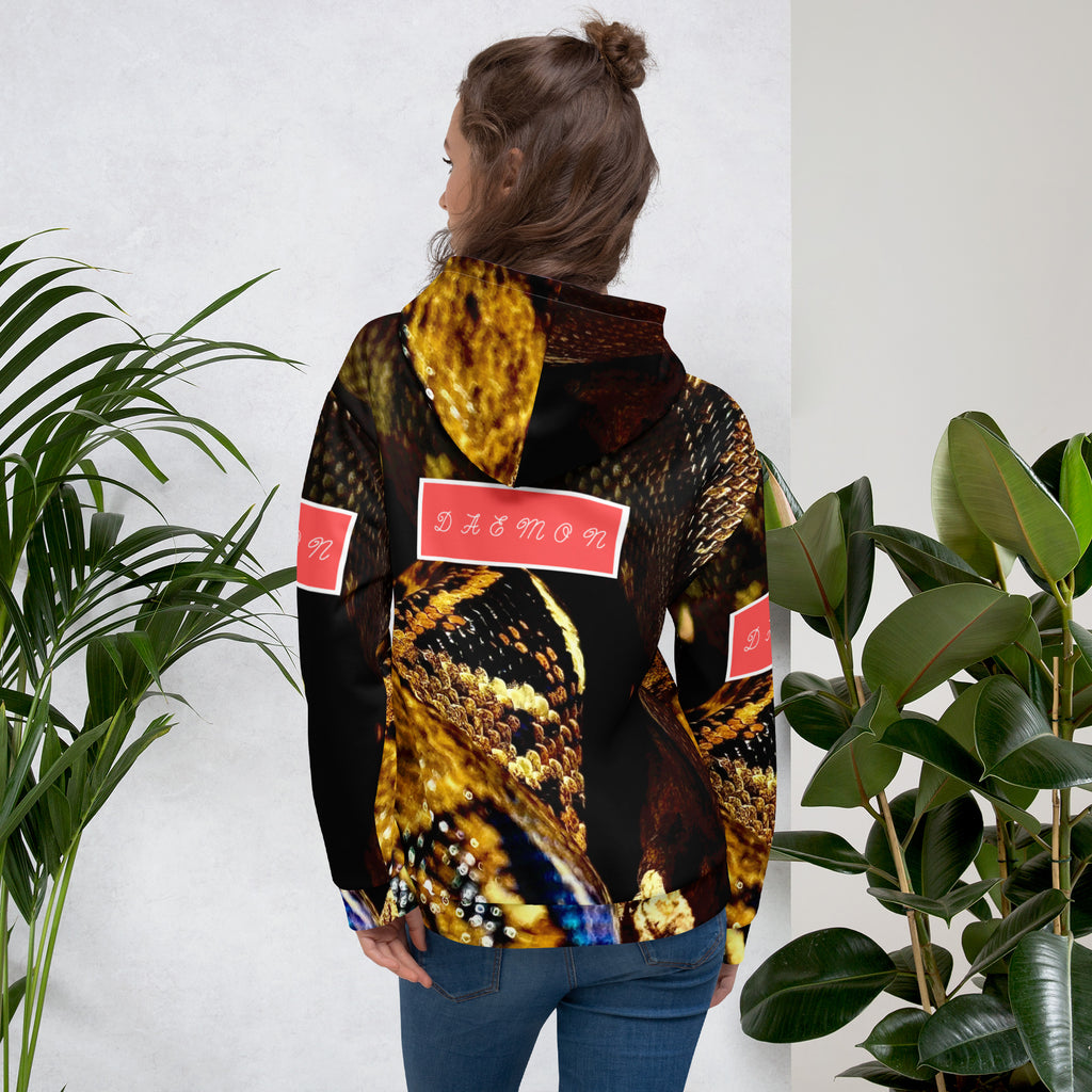 Recycled unisex white hoodie with all-over serpentine Nicaragua print by Daemon Luxury, showcasing back design.