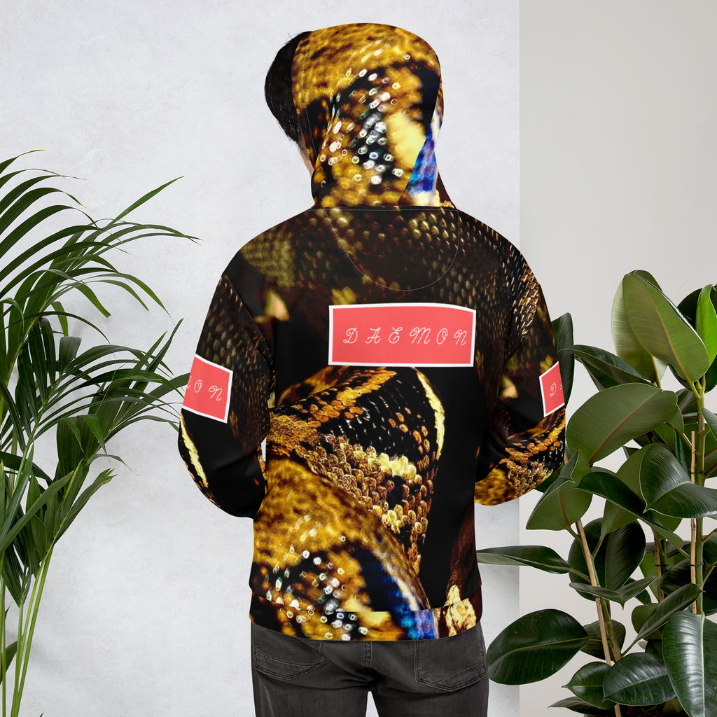Recycled unisex white hoodie with all-over serpentine Nicaragua print by Daemon Luxury, featuring a cozy hood and casual style.