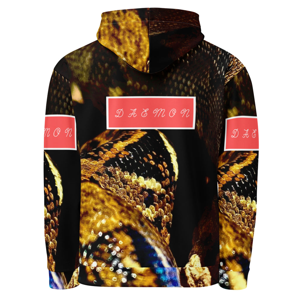 Recycled white unisex hoodie with all-over serpentine Nicaragua print by Daemon Luxury, featuring a hood and casual fit.