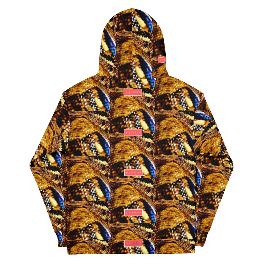 Daemon Luxury Serpentine Nicaragua all-over-print recycled unisex hoodie with white back, stylish and eco-friendly casual wear.