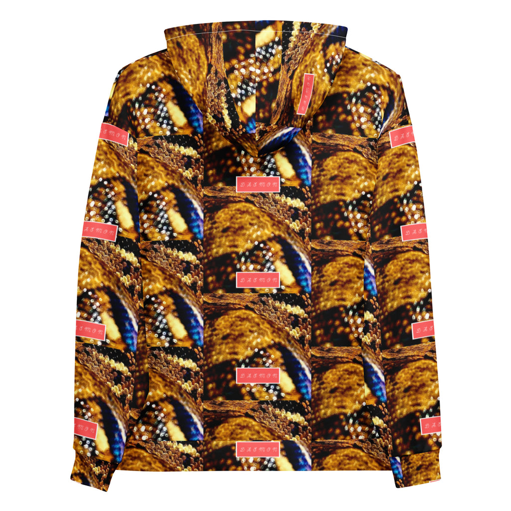 Daemon Luxury Serpentine Nicaragua all-over-print recycled unisex hoodie with white background and hood, casual streetwear style