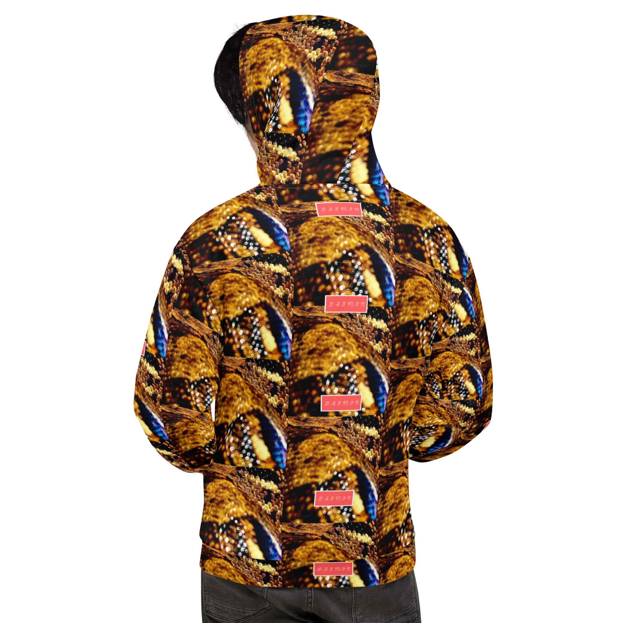 Recycled white unisex hoodie with all-over serpentine Nicaragua print by Daemon Luxury, featuring a hood and casual fit.