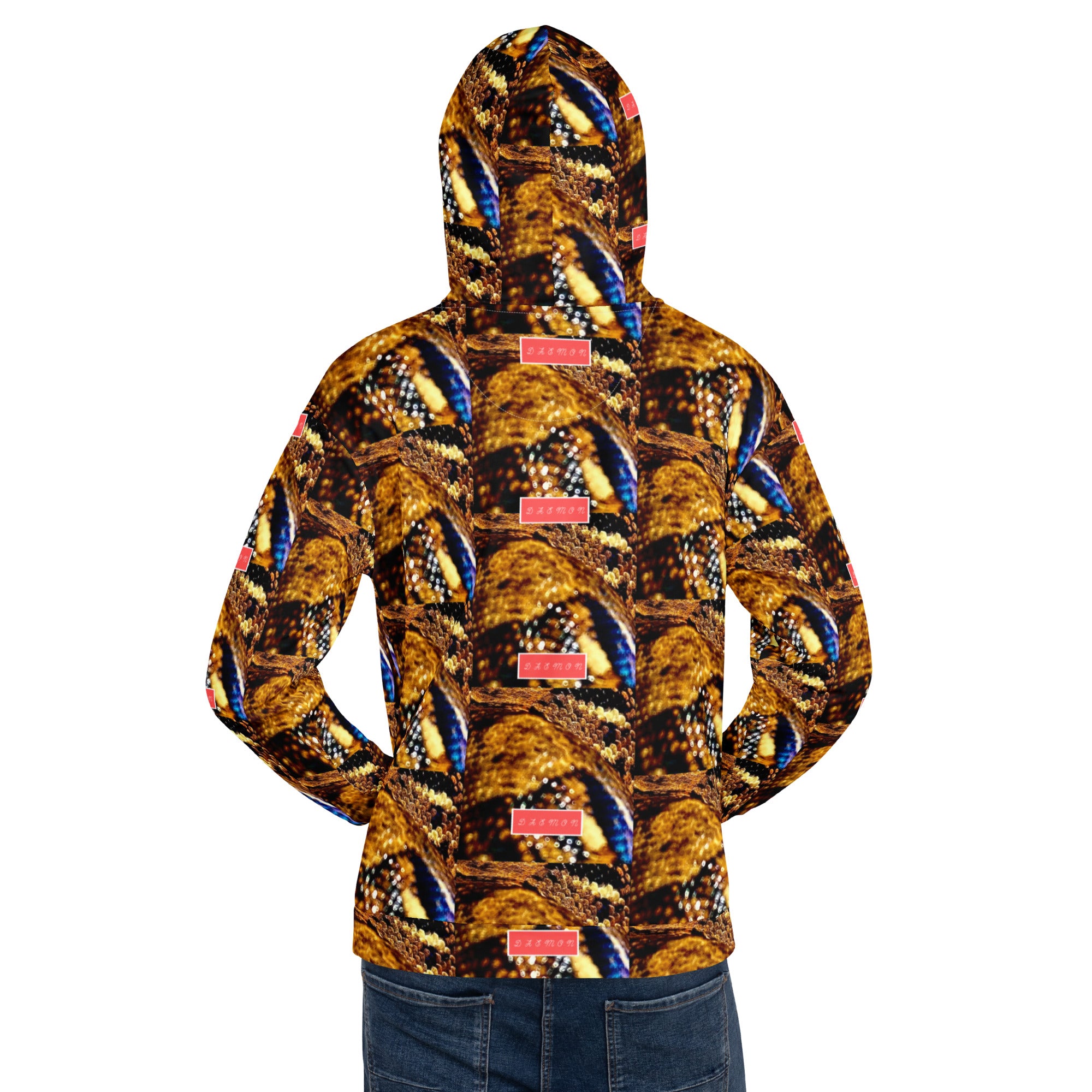 Recycled unisex white hoodie with all-over serpentine Nicaragua print by Daemon Luxury, featuring a hood and casual fit.