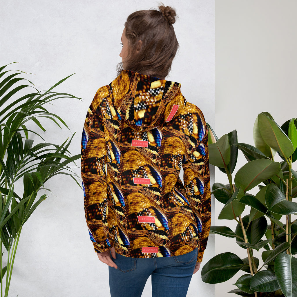 Recycled white unisex hoodie with all-over serpentine Nicaragua print from Daemon Luxury, featuring a hood and casual fit.
