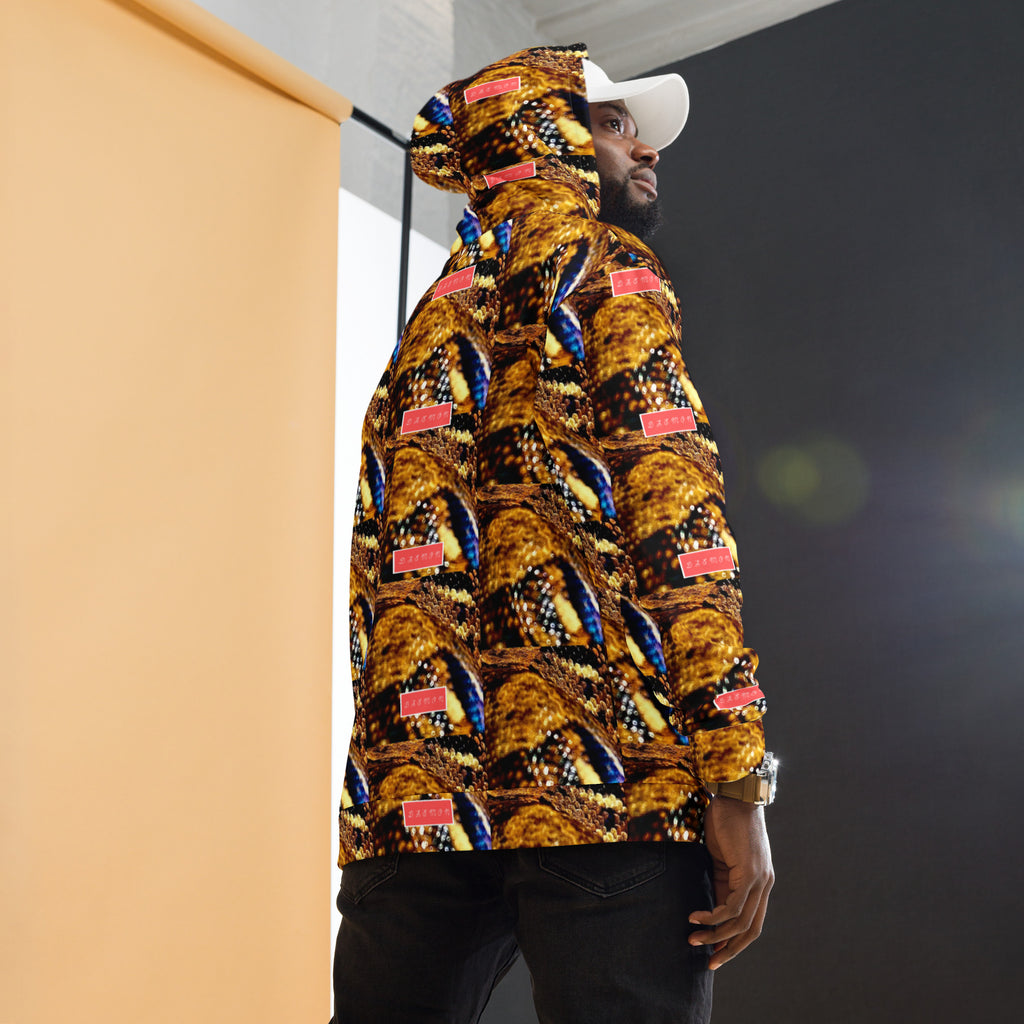 Recycled white unisex hoodie with all-over serpentine Nicaragua print by Daemon Luxury, featuring a hood and casual fit.
